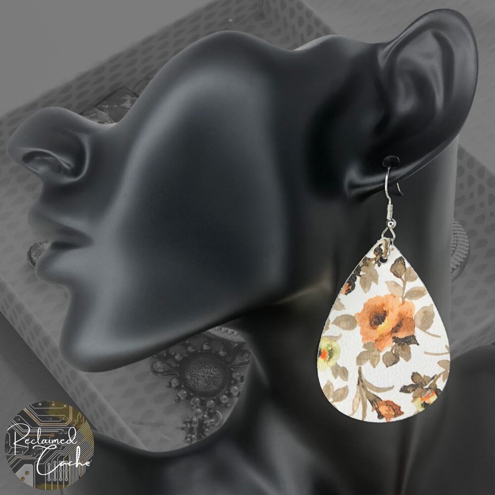 Peach Floral Faux Leather Teardrop Earrings